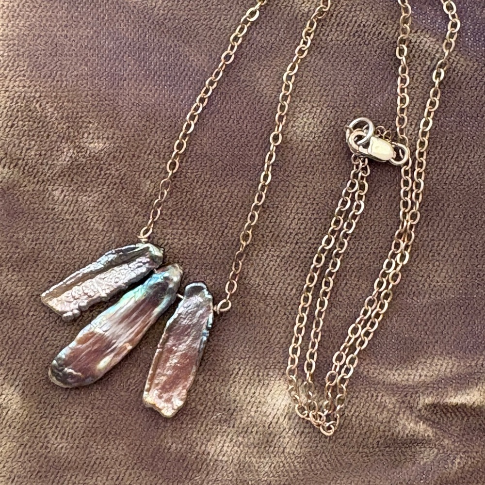 Mother of pearl inspired fobs on a nickel chain  17 1/2 inches